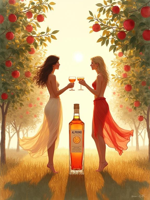Two ethereal goddesses in a sunlit orchard hold cocktail glasses. They wear flowing skirts and stand gracefully beside a glowing bottle labeled 'ALFRUNO'. Apple trees create a serene backdrop with warm sunlight.