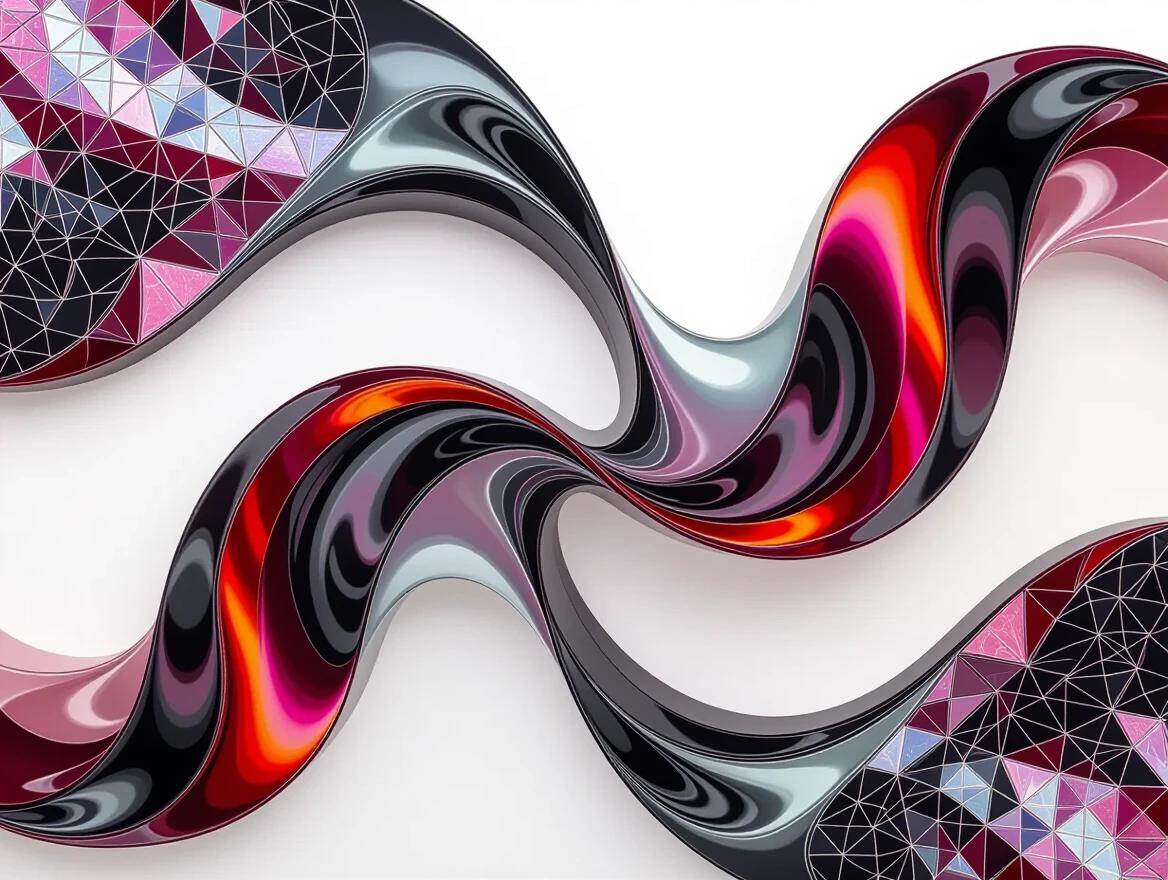 3D abstract image of a flowing ribbon-like structure with smooth glossy appearance featuring gradient transitioning from deep red to black to light grey against plain white background with subtle shading and shadows.
