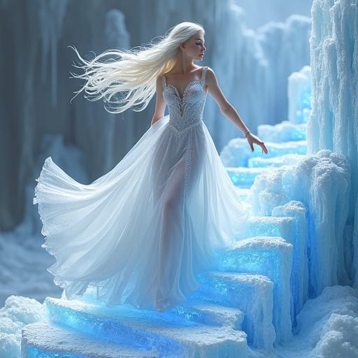 A blonde girl with long platinum hair walks down a magical crystalline staircase. She wears a sparkly ice-blue gown. The dress billows dramatically as she walks. One hand casts sparkling blue ice magic that forms the steps. The staircase has sharp ice-like shapes. The background is softly lit to highlight the cool tones.