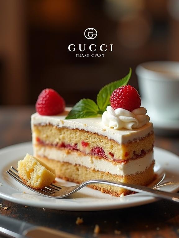 Realistic dessert with distinctive layers on a dish. Cake crumbs scattered around. Finished fork and knife nearby. Blurry high-end restaurant background. White logo at the top, with a brand slogan underneath.