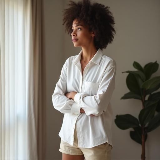 Mature woman with curly hair wearing white shirt and shorts standing indoors. Natural light illuminates the scene. Relaxed atmosphere.