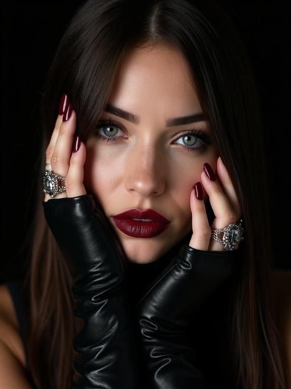 Close-up portrait of a woman with long straight hair. Dark red lipstick and dramatic eyeliner. Eyes open and staring at the camera. Touching face with gloved hand. Multiple rings on fingers. Soft even lighting enhances skin texture. Black background for contrast.