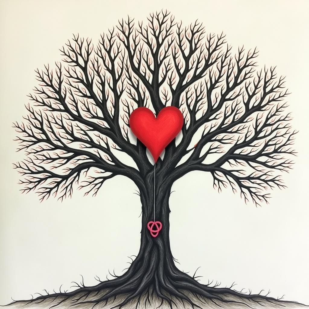 Artistic drawing of a tree with bare branches. A prominent red heart is situated at the center of the tree. Surrounding branches create a stark contrast. Roots are intertwined with an infinity symbol, suggesting unbreakable connections. The theme illustrates deep emotional ties and relationships.