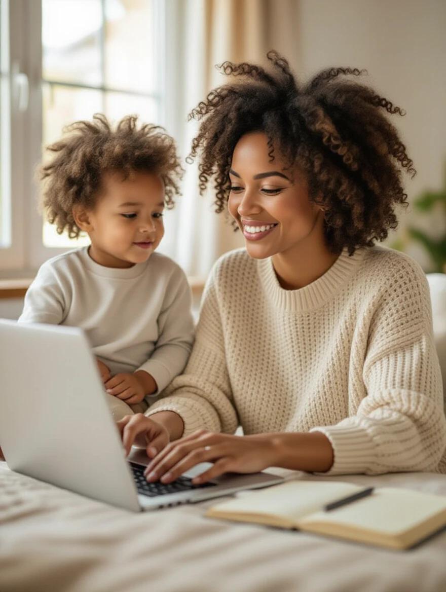 Young mother sits at a laptop in a cozy home setting. Child sits beside her engaged and joyful. Bright light streams through windows. Room design is modern and warm. Focus on the interplay of family life and purposeful work.