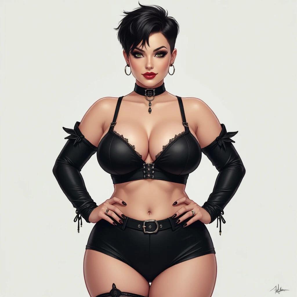 Imagery depicts a confident, curvaceous woman with a goth aesthetic. She has a pixie haircut and wears dark, form-fitting clothing accentuating her figure. The style embraces fantasy and empowerment through fashion choices.