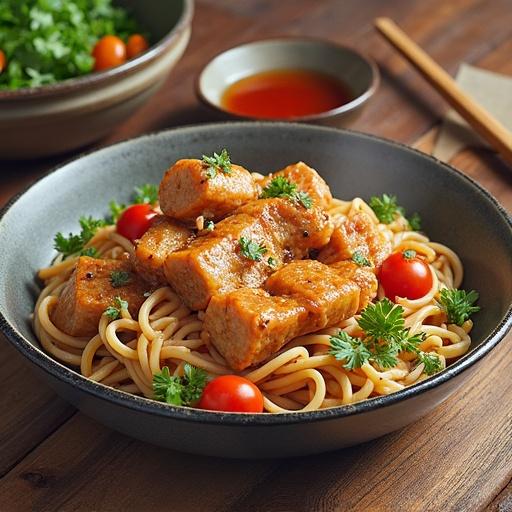 A delicious bowl of noodles topped with grilled fish and cherry tomatoes. Fresh herbs enhance the presentation. Soft lighting emphasizes the appetizing look. Ideal for food promotion.