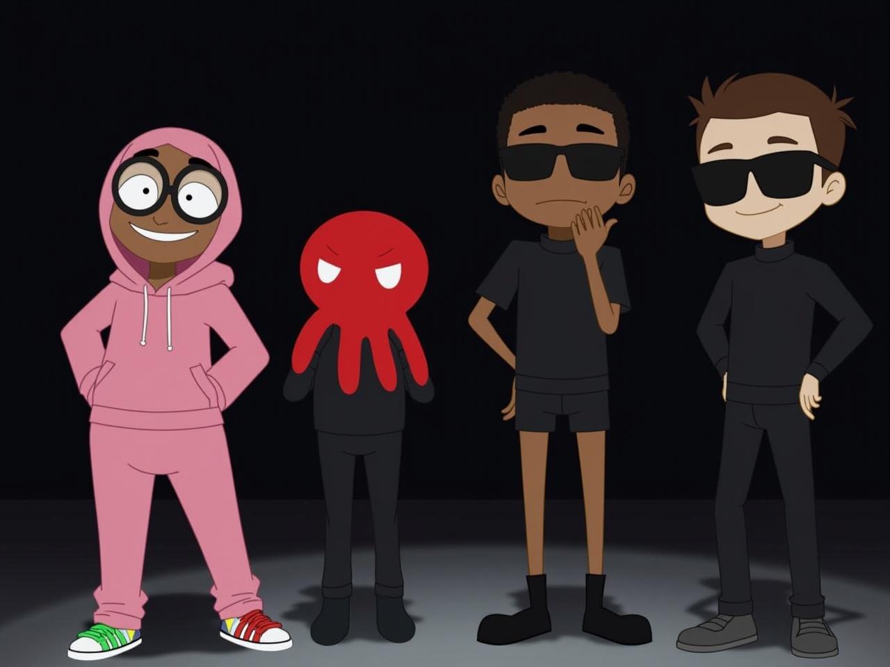 The image features a group of four animated characters standing against a dark background. The first character on the left is wearing a pink hoodie and has a playful expression, with large round glasses and colorful shoes. Next to them is a character with a red octopus-like appearance, dressed in a black outfit. The last two characters on the right are similar in design, wearing matching black outfits and sunglasses, striking a confident pose. The setting appears to be stylized with a focus on character design and fashion.