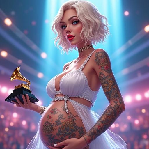 Anime style art featuring a 52-year-old woman who is pregnant. She has frosted blue eyes and a beautiful face framed by short light blonde wavy hair. The setting reveals a modern luxurious music awards stage. The woman wears a modern maternity music awards dress and holds a Grammy award. She looks happy and has colorful Japanese tattoos. She has a half Japanese and half Saiyan heritage. Her fingernails and toenails are painted, and she wears light pink lipstick and white eyeshadow. Her muscular arms emphasize her stature of 6'1.