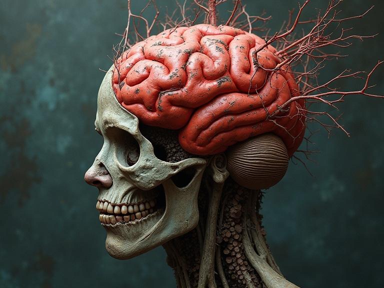 Illustration of a human skull showing the brain and nerve structures. Exposed details reveal a mix of organic and anatomical features.