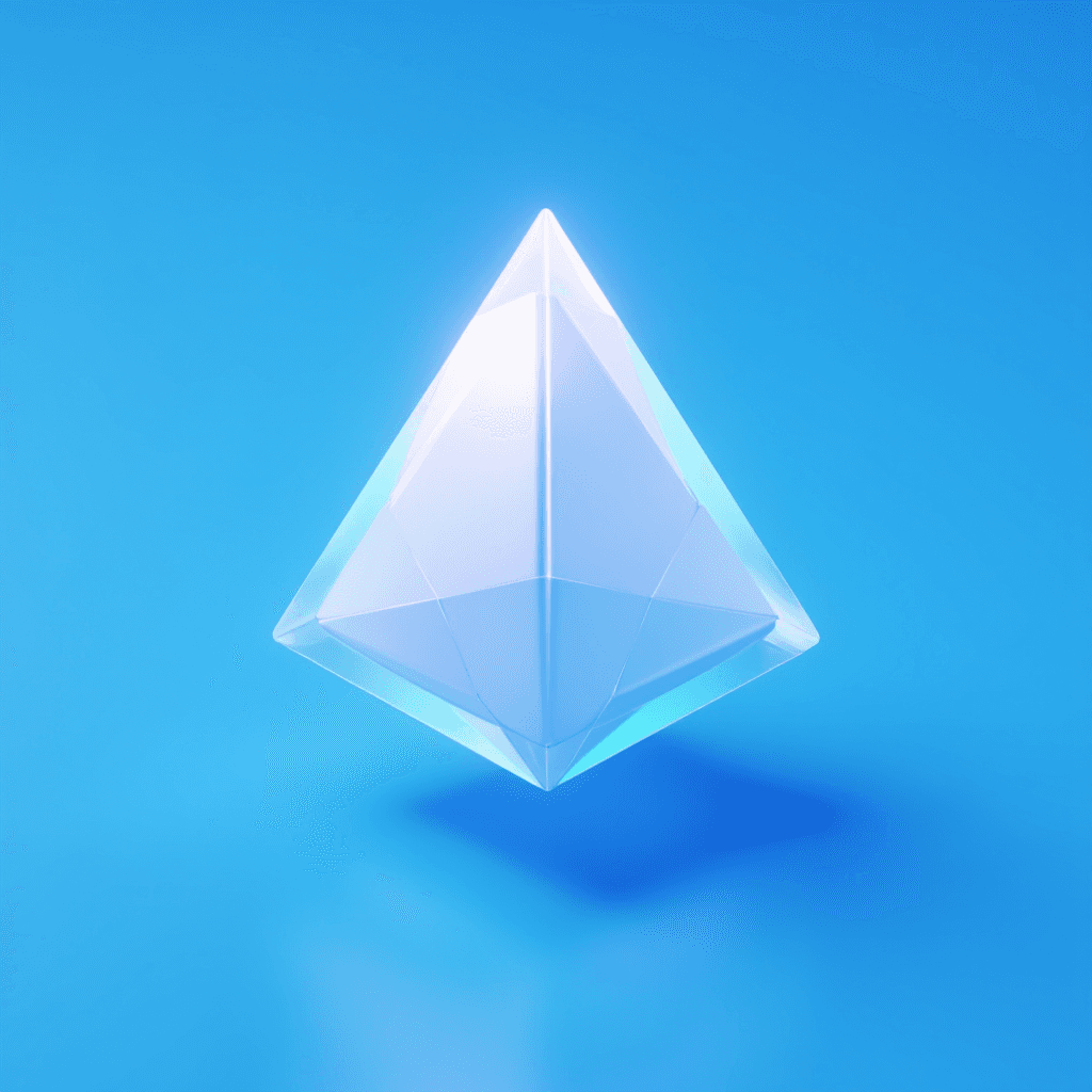 A translucent, crystalline tetrahedron hovers against a solid blue background, reflecting light with a soft iridescent glow.