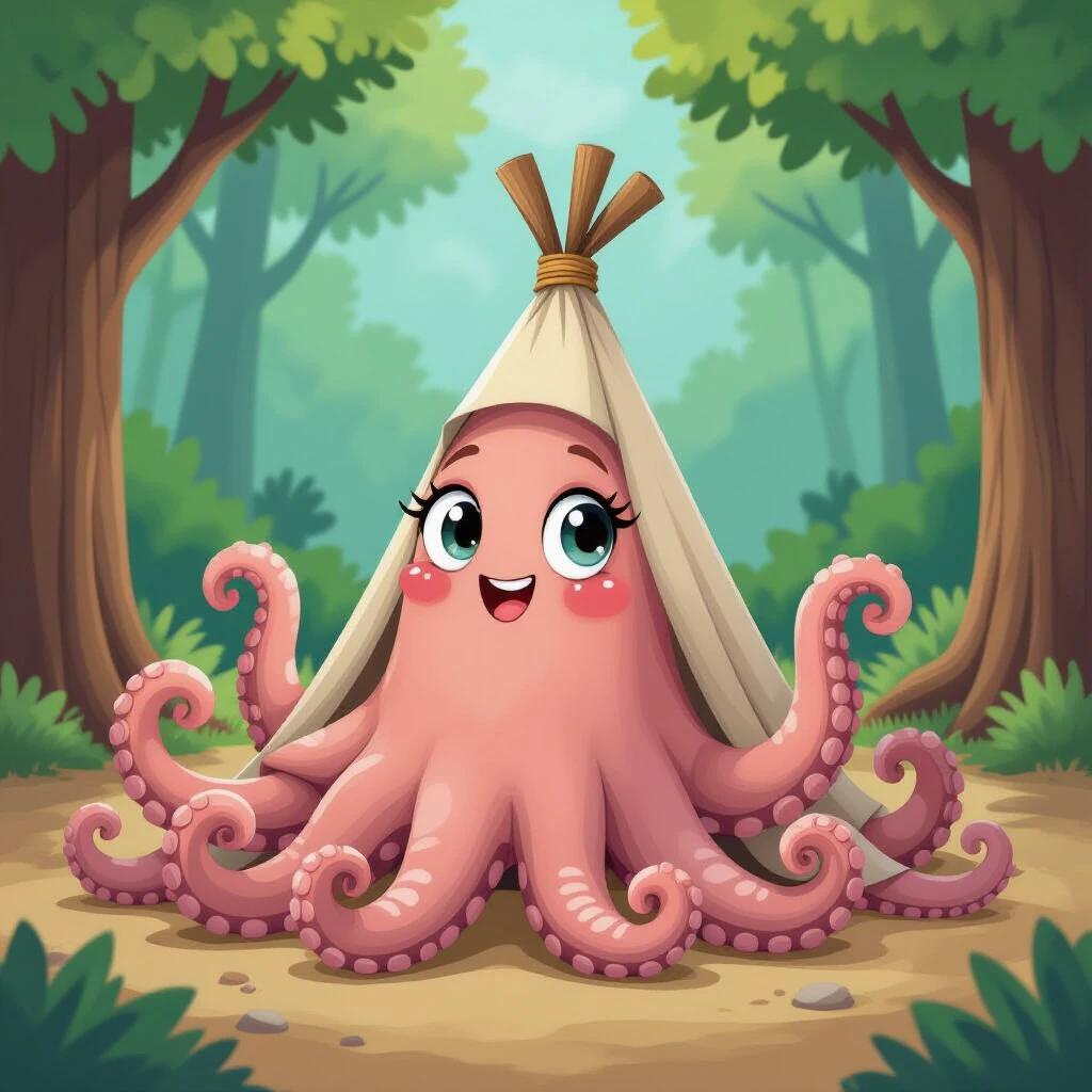 A cute cartoon octopus with pink tentacles made of cotton sits under a cloth tent in a vibrant forest. The octopus has big eyes and a cheerful smile. The environment is lush with trees and greenery.