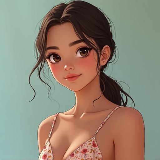 Generate an image of a 15-year-old girl. She has dark brown hair in a low-ponytail. Her skin is tanned and white. Her eyes are dark brown with thick eyebrows. She wears a beautiful sundress.
