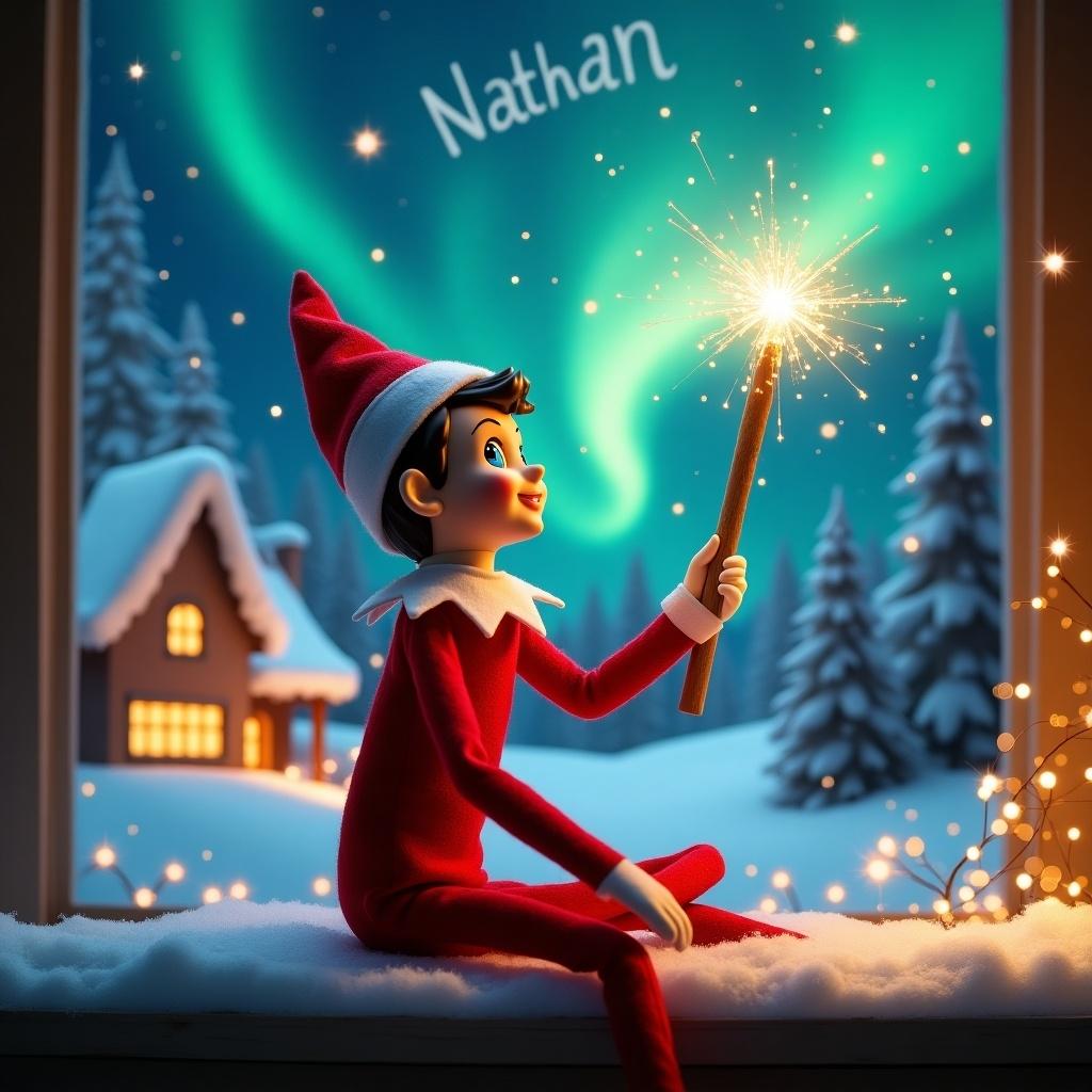 A playful elf sits in a cozy winter scene, embodying the magic of Christmas. The elf, dressed in classic red and white, holds a glowing wand that emits sparkling light. Behind him, colorful northern lights swirl in the night sky, while a charming house is visible in the distance. The ground is covered in a soft blanket of snow, enhancing the festive atmosphere. In the sky, the name Nathan is written among the lights, adding a personal touch to the holiday magic. The elf gazes upward, inviting viewers to share in the joy of the season.