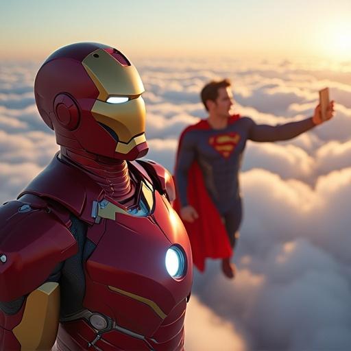 Iron Man takes a selfie with Superman. Scene set high in the sky above clouds. Bright daylight setting.
