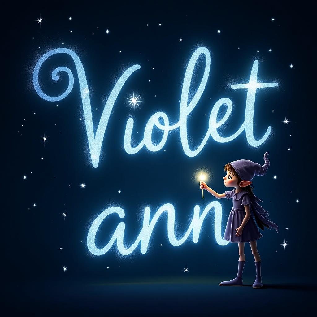 An elf writes 'Violet ann' in shining letters. The background is dark and filled with stars. The colors are light blue and white. The scene feels magical and inviting. It looks like a fairy tale illustration.