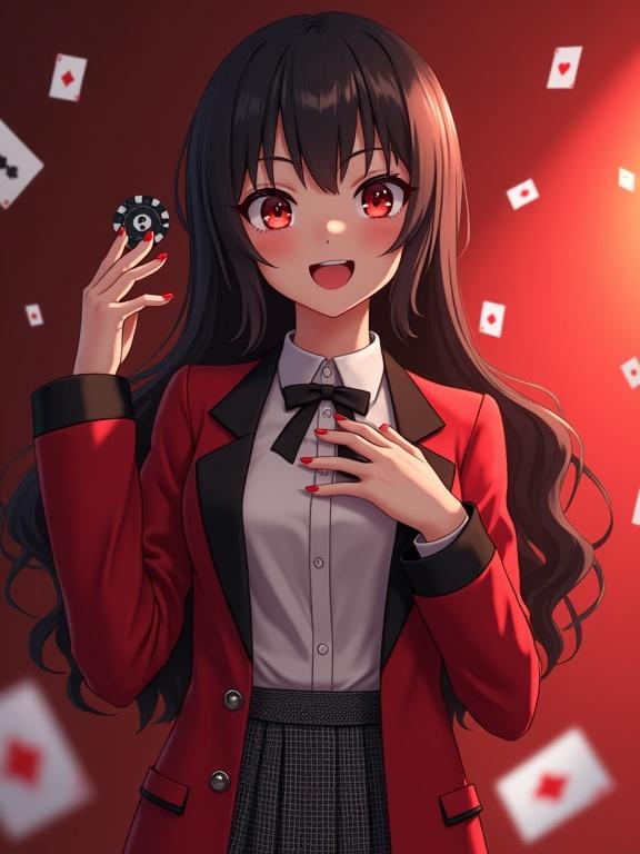 A confident young woman inspired by anime with long jet-black hair and deep ruby-red eyes. Wearing a tailored scarlet blazer over a white shirt and houndstooth skirt. Hands posed with flying poker chips. Background features a glowing crimson gradient with floating playing cards and dramatic lighting effects.
