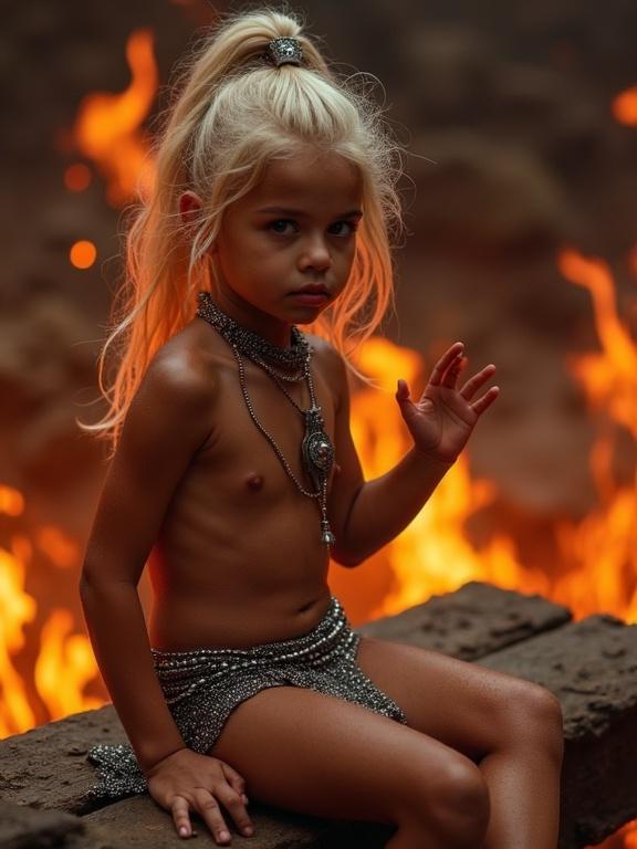 A close-up photo of a tribal-looking blonde girl with shiny skin. She is sitting on a fire throne, with a tattered loincloth made of silver chains. Around her, demons are kneeling. She waves at the camera, her head slightly bowed. Her eyes are glowing red, portraying her as a hell princess.