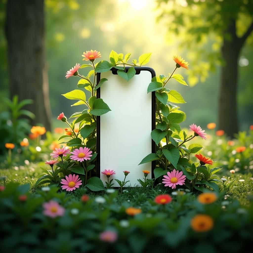 This image showcases a smartphone framed with vibrant flowers and lush green leaves, set in a sunlit garden. The phone's screen is blank, inviting creativity and personalization. The lively colors of the flowers contrast beautifully with the sleek design of the phone. Soft sunlight filters through the trees, creating an immersive and peaceful ambiance. This setting symbolizes a harmonious blend of technology and nature, perfect for eco-conscious messaging apps.