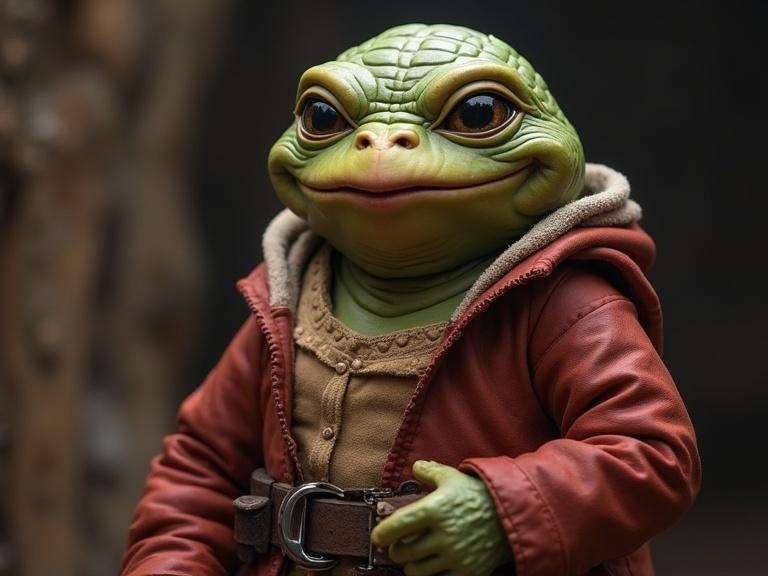 Frog-like character wearing a red jacket with a playful expression and green skin.