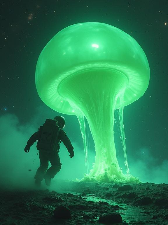Astronaut runs in terror from a massive jelly-like alien in outer space. Alien glows neon green and bubbles. Stars and galaxies visible in background. Dramatic lighting enhances atmosphere. Highly detailed and realistic style.