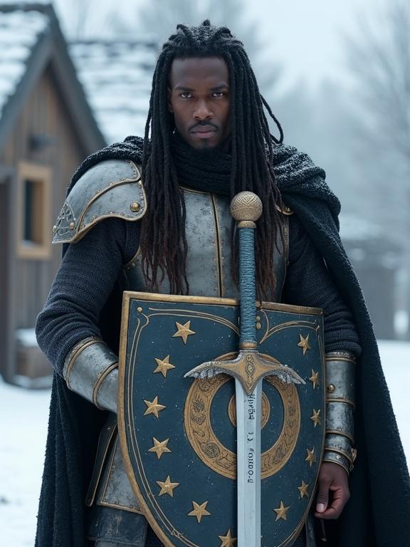 Photorealistic image of an athletic man with long black dreadlocks. Dark skin and completely black eyes. Wearing brass plate armor and a black silk cloak. Carrying a large metal shield with a blue circle and white stars, wielding a silver sword with engraving. Set in a frozen medieval village.
