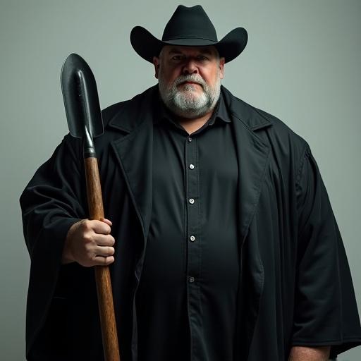 Image of a muscular man dressed in black funeral clothes and cowboy hat. He holds a shovel and stands confidently. Clear shaved face with no beard.