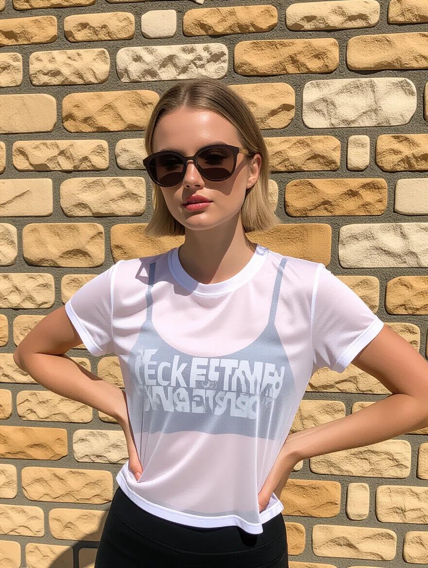 Photograph of young woman outdoors on sunny day. She poses in front of a textured stone wall. Woman wears dark-tinted sunglasses and short blonde hair. T-shirt is sheer and shows outline of black sports bra. Distressed white denim shorts tied with black strings. She holds arms behind head, relaxed and confident pose. Background includes wooden lounge chair with beige cushion and pink blanket. Casual summer environment is suggested.