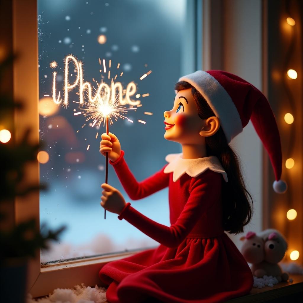 A cheerful female elf on the shelf is writing the name 'IPHONE 16 PRO' in the night sky using a sparkler. She is dressed in a festive red dress and a matching festive hat. The background has a cozy North Pole environment with soft snow visible through a window.