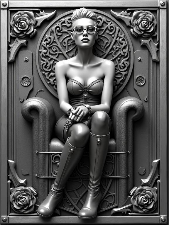 A detailed 3D deep-relief engraving on brushed stainless steel. Powerful woman with rectangle glasses seated on throne of interwoven steel. Adorned in a sleek corset and high boots. Short undercut hair slicked to the side with a confident gaze. Holding a metallic rose. Embossed border with rose patterns and mechanical gears. Industrial aesthetic with anti-slip texture and light play across details.