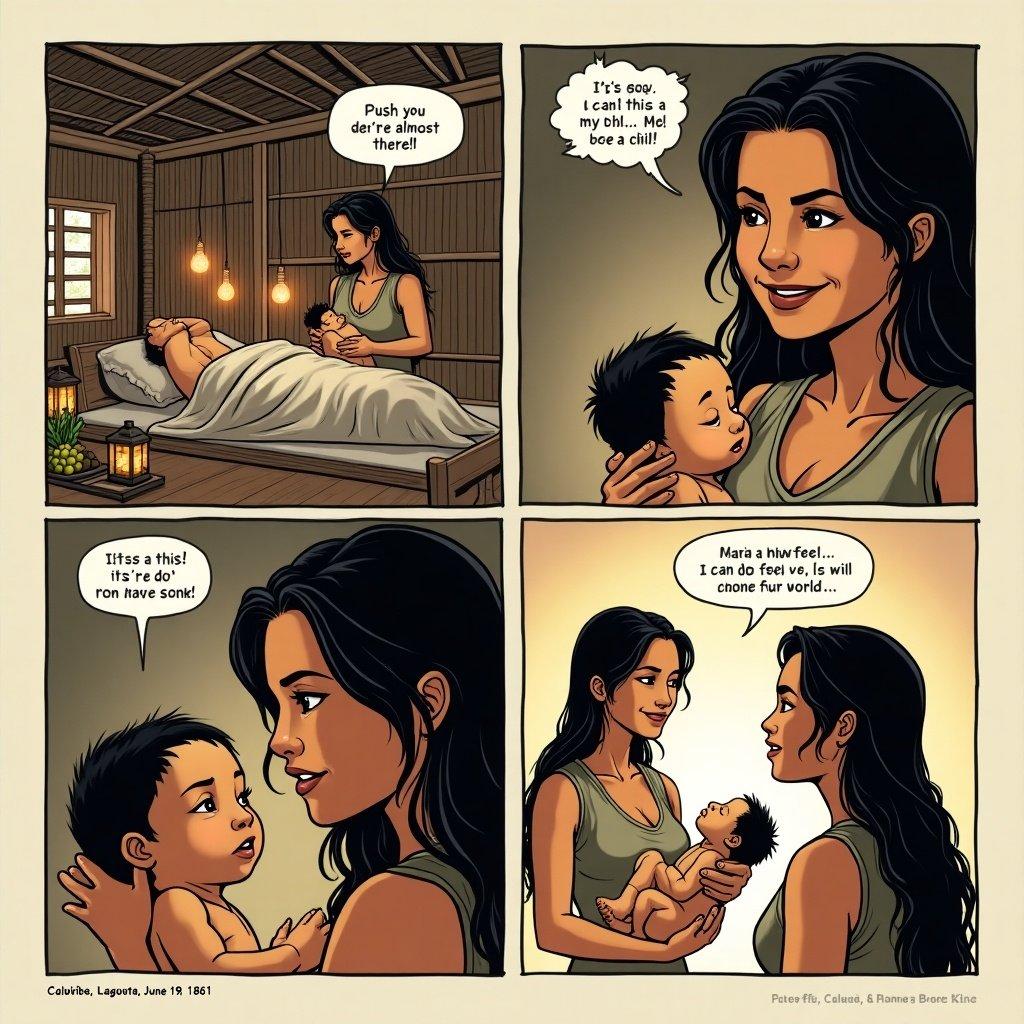 A four-panel comic strip depicting a traditional Filipino childbirth scene. Panel 1 shows a midwife assisting a woman in a house. Panel 2 captures the woman's determination during childbirth. Panel 3 reveals the midwife announcing the birth of a son. Panel 4 shows the mother cradling her newborn, conveying love and hope.