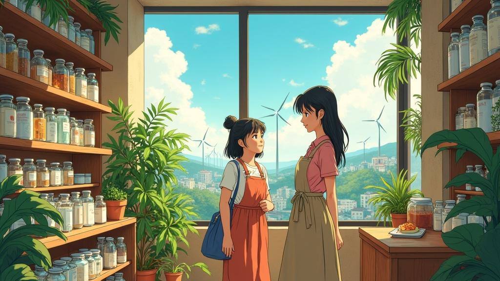 A comic-style illustration shows a young entrepreneur in a zero-waste store. The store is full of glass jars and eco-friendly products. Two employees are interacting warmly. Sunlight brightens the space through large windows. Green plants are in the store. The background shows a city with wind turbines and rooftop gardens.