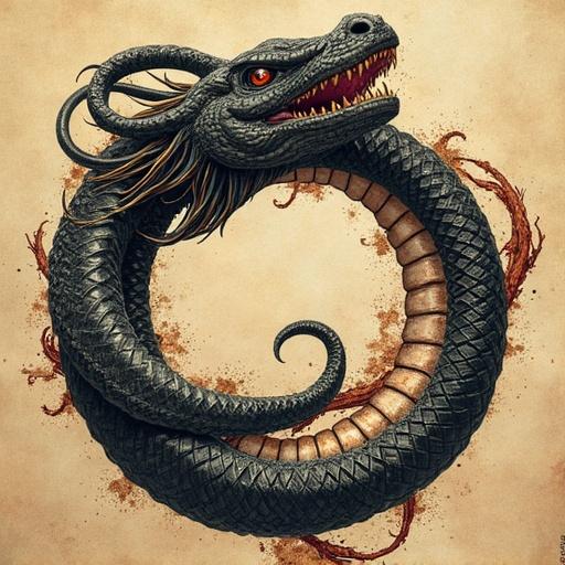 Artistic representation of the Ouroboros symbol A serpent eating its own tail Captured in a circular form Strong muscular body with scales Detailed textures and fierce red eyes