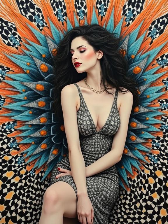 Surreal 3D collage portrait of a stunning woman. She poses in a kaleidoscopic dress. Surrounded by geometric patterns. Styles inspired by Escher, Bridget Riley, and Sonia Delaunay. Colors include black, white, silver, orange, turquoise blue. Abstract shapes throughout.