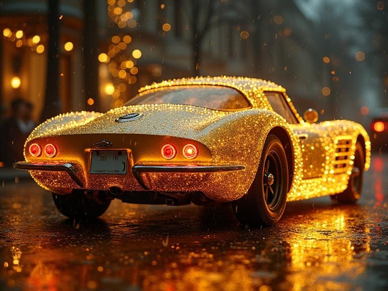 A shimmering vintage gold car parked on a rainy street. The car is adorned with sparkly sequins which glow in the night. Reflections of light are visible on the wet pavement. Surrounding ambience enhances a magical atmosphere.