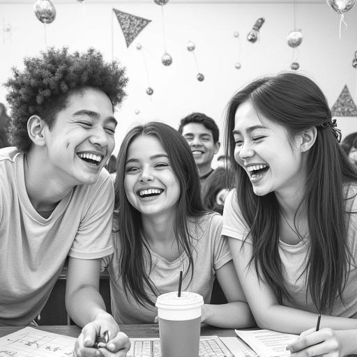 Detailed hyper-realistic pencil sketch of students in a classroom. Students are laughing and celebrating. Classroom is decorated for a party. Composition follows rules of thirds with a wide shot. Lighting is chiaroscuro. Texture features smooth blended shading. Image presents high contrast monochrome tone.