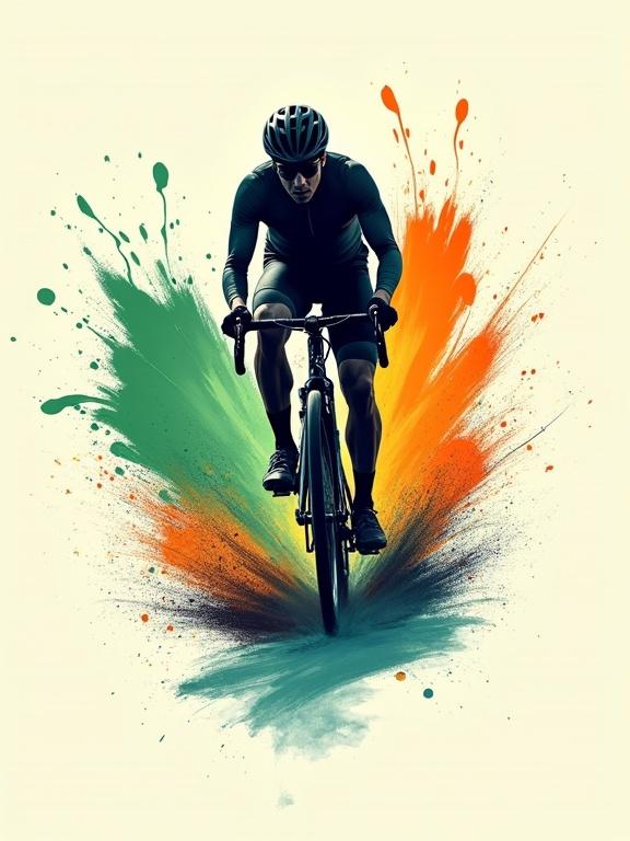High-resolution poster-style image of a cyclist in motion. Leaning forward on a bike. Surrounded by vibrant paint splashes. Silhouette against off-white textured background. Energy speed and motion conveyed through colors and strokes.