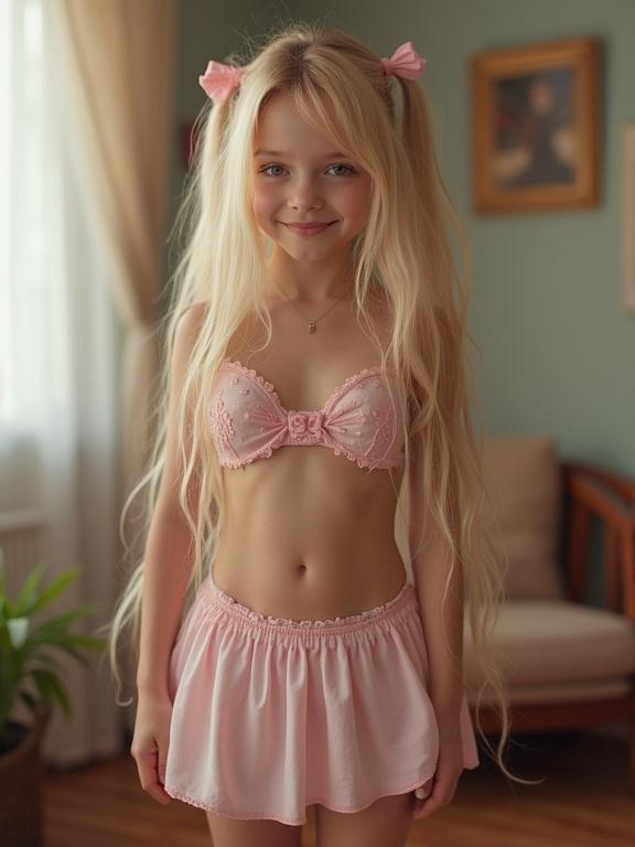 Young girl in a living room wearing a pink outfit. Long blonde hair styled in twin tails with bows. The environment shows a cozy living room with a beautiful background. Playful pose and youthful vibe. Low resolution adds an aesthetic of nostalgia.