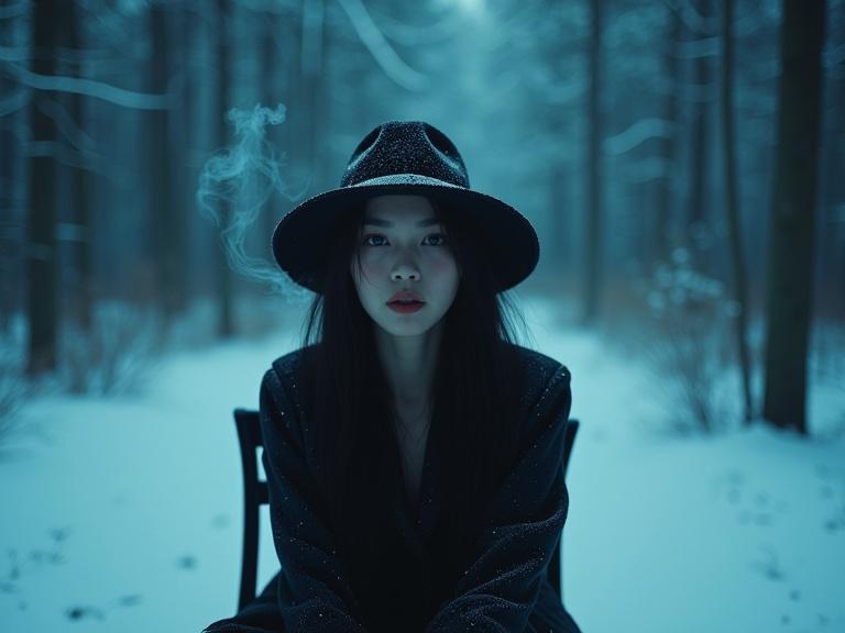 Night scene in a snow-covered forest. A female sits on a chair, wearing a hat, cigarette smoke visible. Harsh flash lighting gives dramatic effect. Focus on her face. Low light setting, tilted camera perspective. Influenced by K-pop aesthetics.