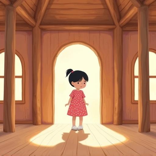 A flat-style children’s illustration featuring a girl named Leila in a wooden house. The scene is soothing with wooden columns. Leila is in a pink dress looking frustrated at her shadow. The lighting creates a warm atmosphere. No outlines or text are present.