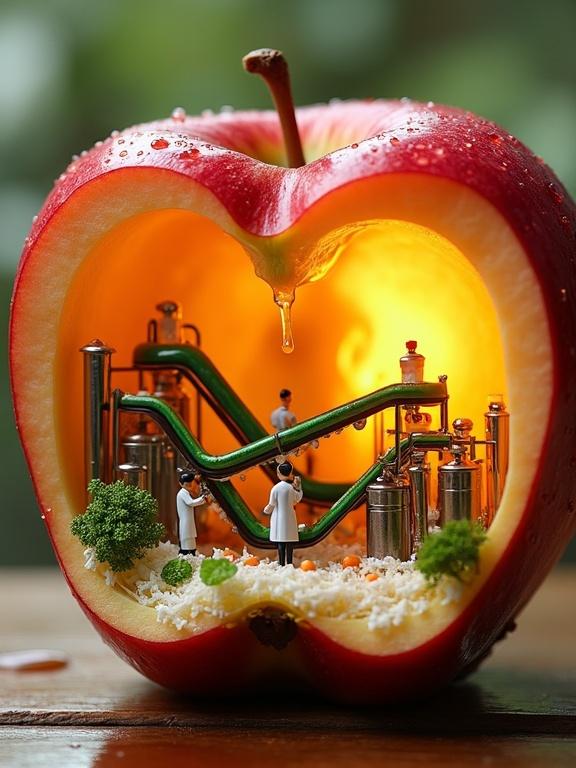 A cross-section of a vibrant red apple reveals a miniature juice production facility. Tiny figures in white lab coats operate green conveyor belts processing fruit and vegetables. Metal tanks and columns contain colorful liquids. Warm light shines from the core, enhancing the scene's whimsical nature.