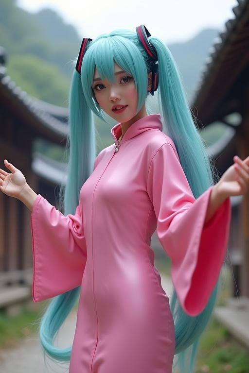 Hatsune Miku dressed in a pink latex zentai. Dancing and singing in an ancient Japanese village.