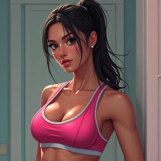 A female figure wearing a pink sports bra stands in a well-lit room. The styling emphasizes athleticism and a healthy lifestyle.