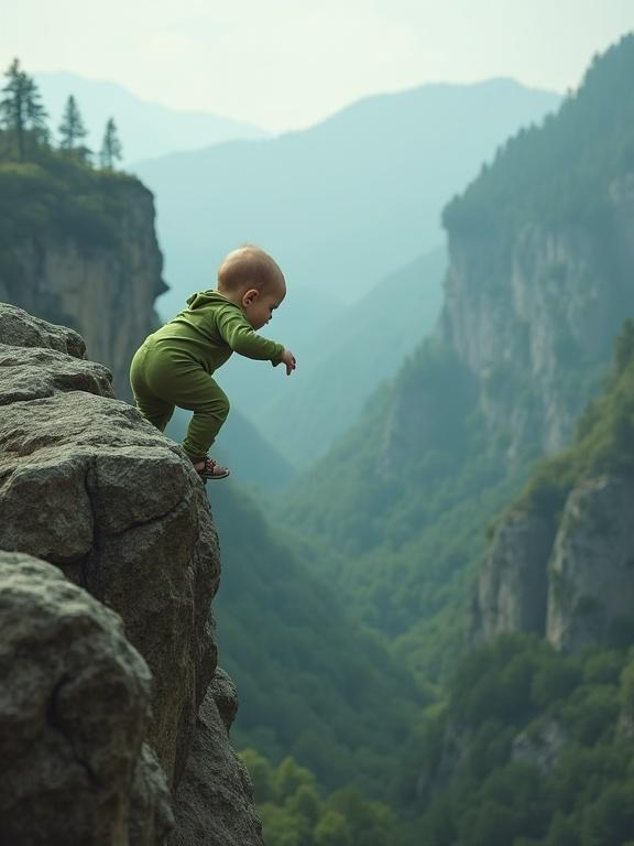 Curious baby in green romper on rocky cliff. Misty mountains in the background. Dramatic scene showcasing innocence and nature's grandeur. High detail and slightly surreal look.