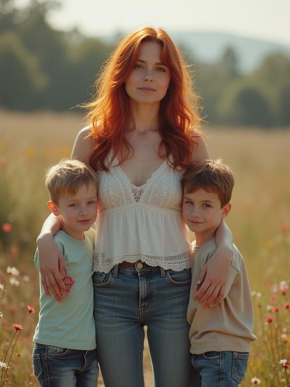 Mother with two children in a field. Mother is a redhead with a casual outfit. Kids stand beside her. Warm colors dominate scene. Natural light enhances soft look.