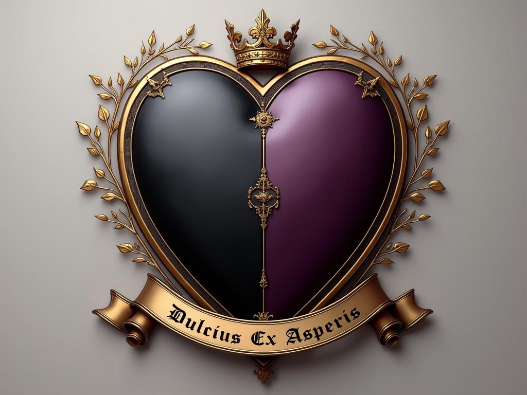 Create a heart-shaped shield in a matte finish. The shield should have two sections: the left half should feature a black charge, while the right half should have a dark-purple charge. Surrounding the heart-shaped shield, add delicate gold vines for decoration. At the top, place a gold coronet to signify nobility. Below the shield, include a ribbon that displays the motto "Dulcius Ex Asperis" in elegant script.