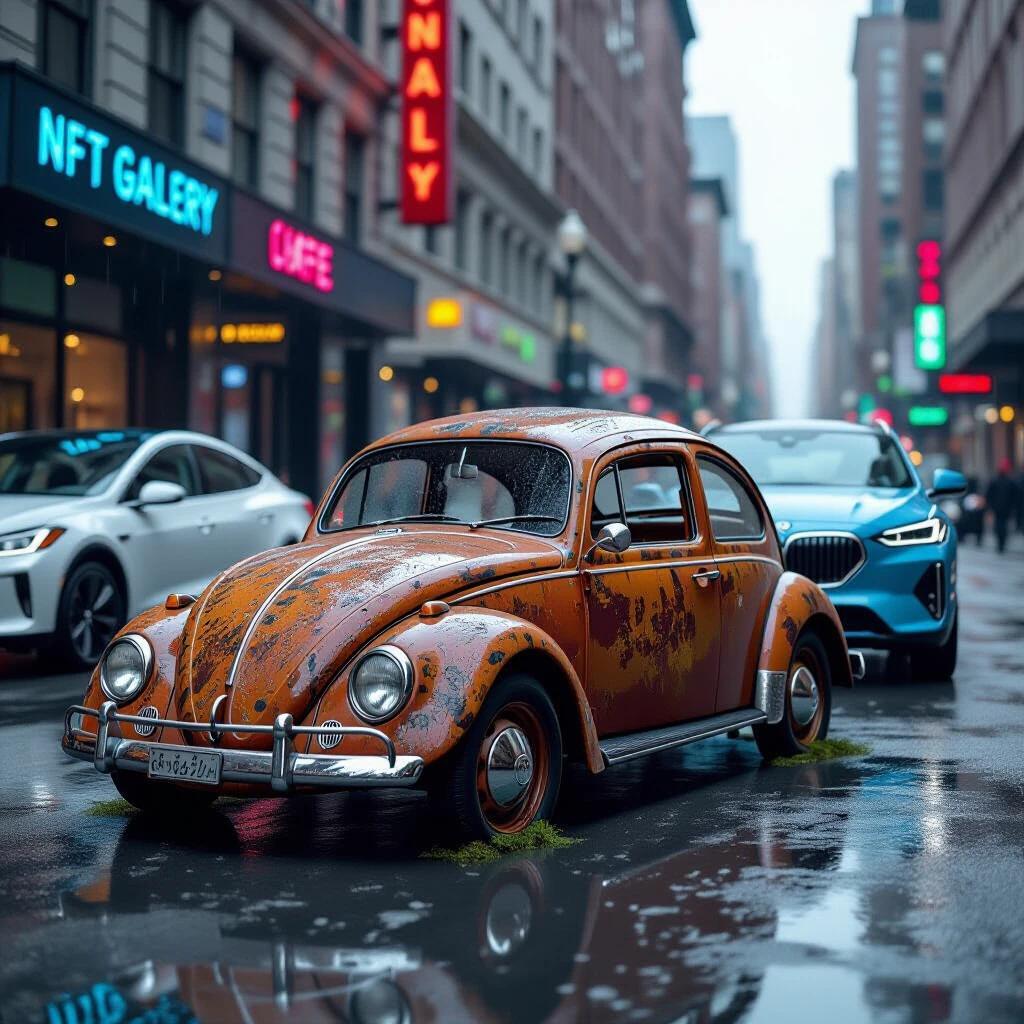 Ultra realistic street photograph of a heavily rusted 1949 Volkswagen Beetle Type 1 parked curbside. The car shows textured corrosion with holes in fenders and cracked windows. Overgrown moss is visible in the wheel wells. It is placed between shiny modern cars like a Tesla Cybertruck and a BMW iX. The scene captures a rainy downtown. The asphalt reflects neon signs like NFT Gallery and AI Cafe. Steam rises from a manhole. A shallow depth of field shows blurry skyscrapers with holographic ads. This night scene showcases cinematic neon lighting and hyper-detailed textures.