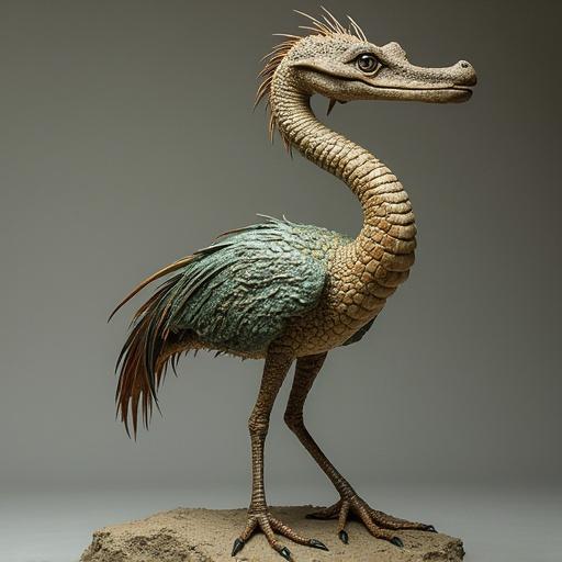 Surrealistic figure with a crocodile skull and bull body. The creature stands proudly on a rocky base. Its feathers are textured and colorful. The eyes are lifelike and spark curiosity. Pose is dynamic and engaging. Details highlight the fusion of different animals.