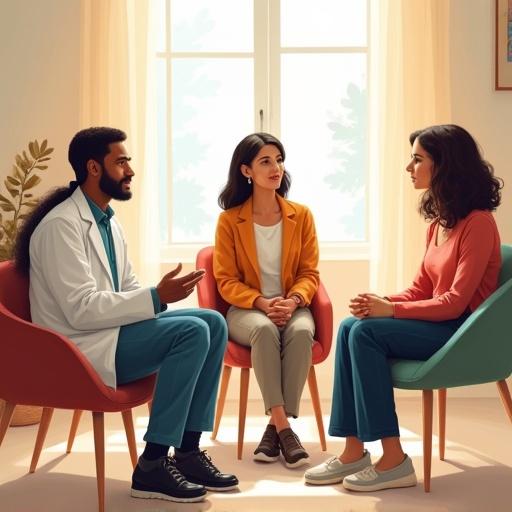 Illustration of a group of adults representing different professions having a conversation. There is diversity in ethnicity body shapes gender clothing style. They are seated in a circle in a community room.