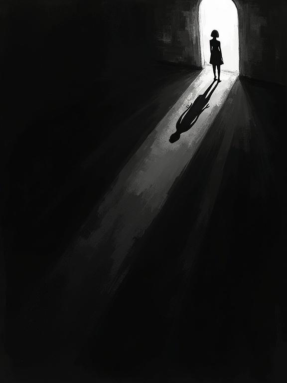 Dark abstract illustration shows a silhouetted woman at the top right. Figure faces a static-filled light. Shadow stretches and distorts downwards, filling the image. Background is black with rough strokes and texture. Captured from extreme top down perspective.