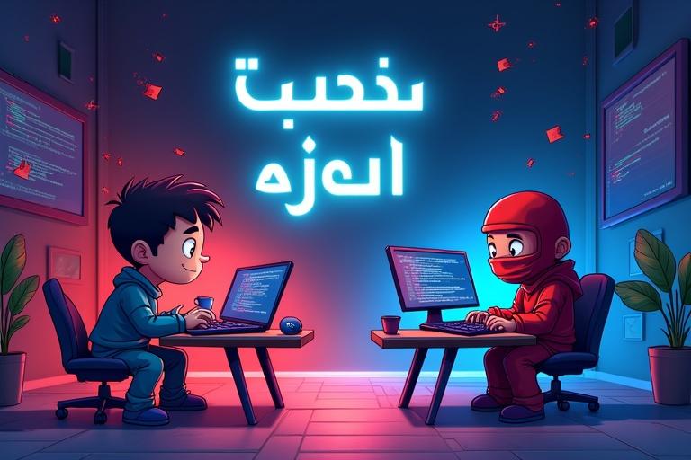Create a YouTube thumbnail depicting two cartoon characters representing programming skills. On the left, a beginner looks overwhelmed with a messy laptop showing errors. On the right, a confident coding ninja works at a sleek desk with organized code. Use vibrant colors and a vibrant tech-themed dojo for the background. Include glowing neon Arabic text at the top.